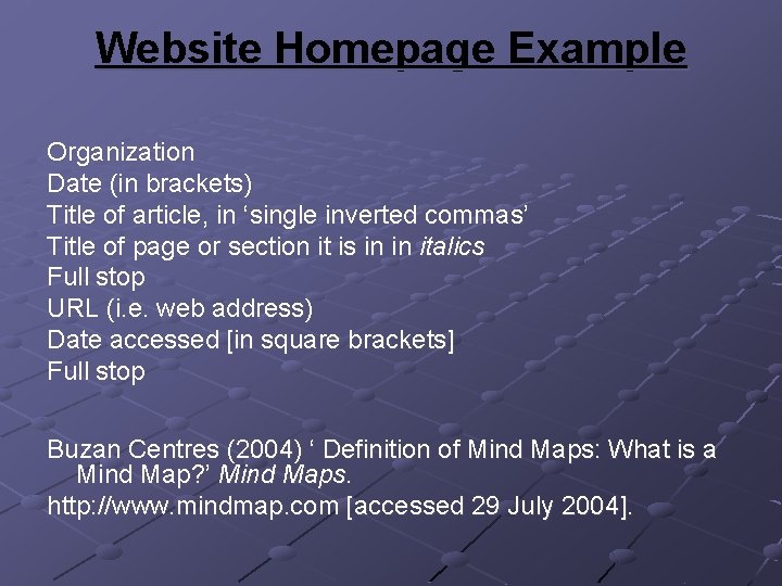 Website Homepage Example Organization Date (in brackets) Title of article, in ‘single inverted commas’