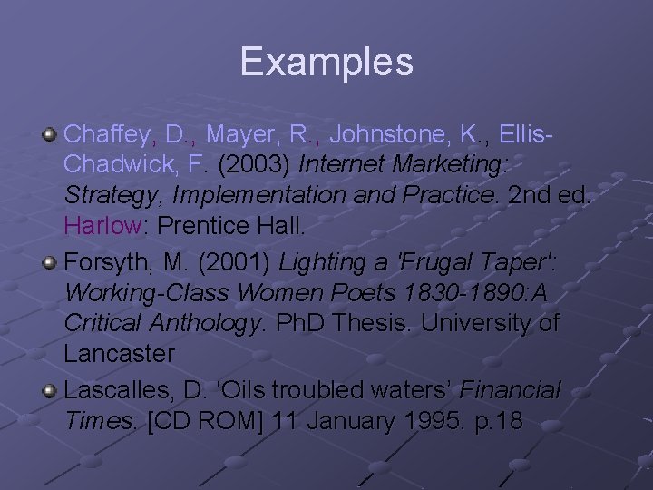 Examples Chaffey, D. , Mayer, R. , Johnstone, K. , Ellis. Chadwick, F. (2003)