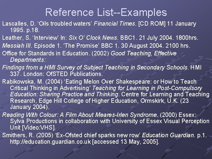 Reference List--Examples Lascalles, D. ‘Oils troubled waters’ Financial Times. [CD ROM] 11 January 1995.