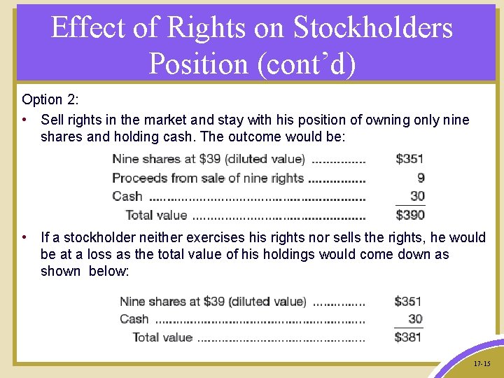 Effect of Rights on Stockholders Position (cont’d) Option 2: • Sell rights in the