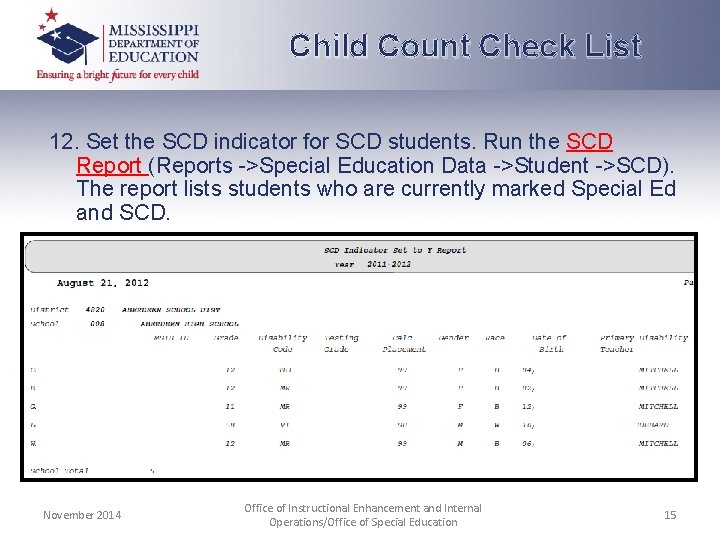 Child Count Check List 12. Set the SCD indicator for SCD students. Run the