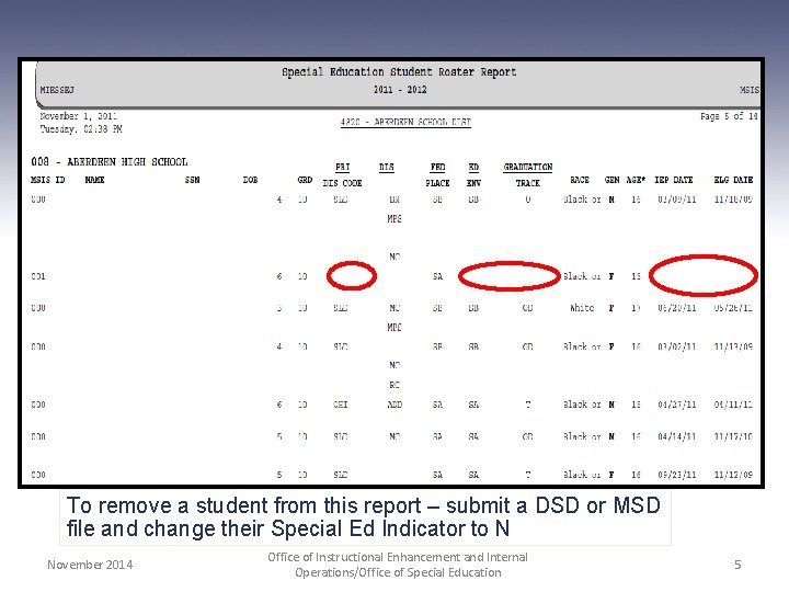 To remove a student from this report – submit a DSD or MSD file