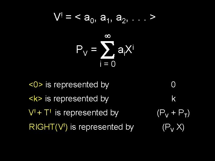 V ! = < a 0, a 1, a 2, . . . >