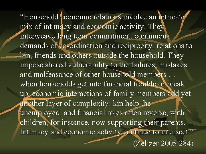 “Household economic relations involve an intricate mix of intimacy and economic activity. They interweave