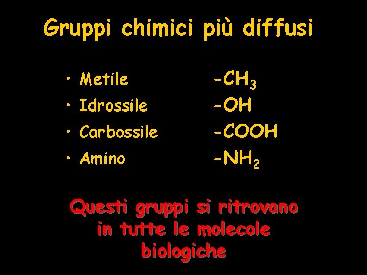 Gruppi chimici più diffusi • Metile • Idrossile • Carbossile • Amino -CH 3