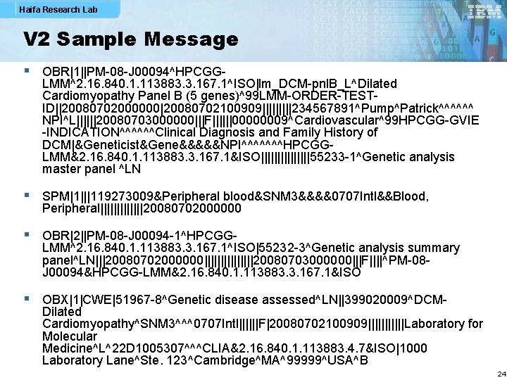 Haifa Research Lab V 2 Sample Message § OBR|1||PM-08 -J 00094^HPCGG- LMM^2. 16. 840.