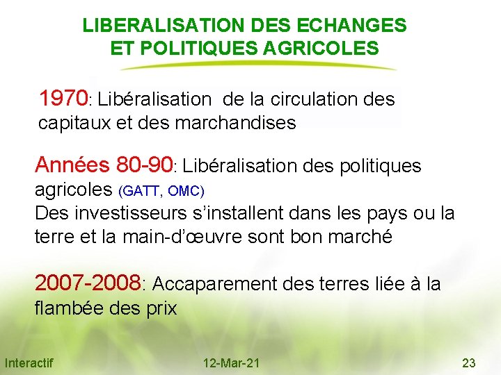 LIBERALISATION DES ECHANGES ET POLITIQUES AGRICOLES 1970: Libéralisation de la circulation des capitaux et