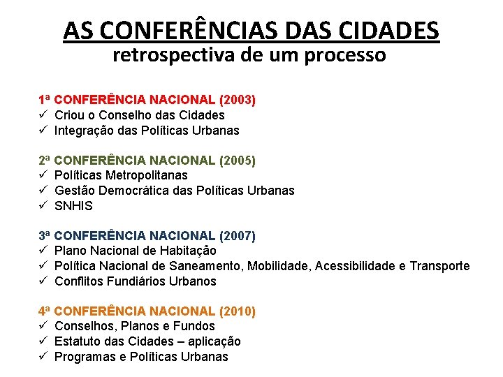 AS CONFERÊNCIAS DAS CIDADES retrospectiva de um processo 1ª CONFERÊNCIA NACIONAL (2003) ü Criou