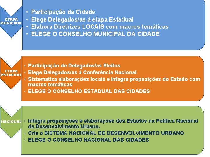 ETAPA MUNICIPAL ETAPA ESTADUAL NACIONAL • • Participação da Cidade Elege Delegados/as à etapa