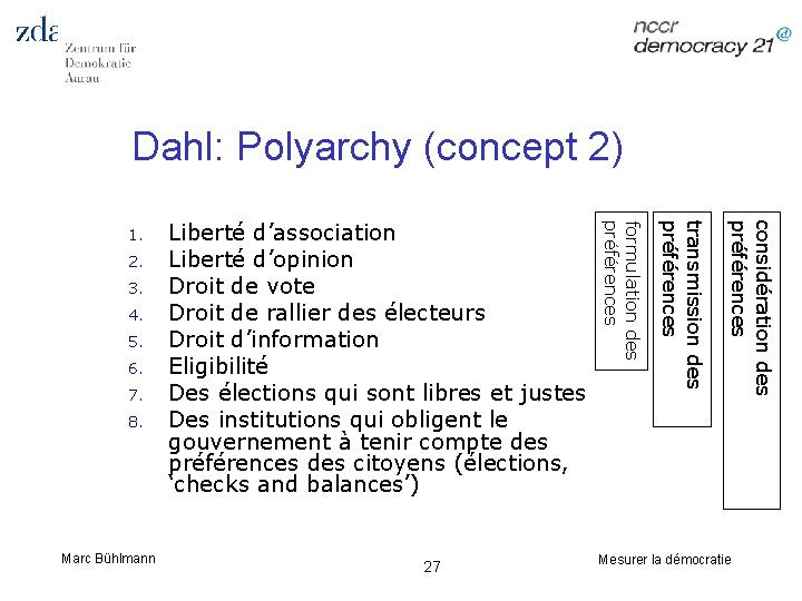 Dahl: Polyarchy (concept 2) 4. 5. 6. 7. 8. Marc Bühlmann 27 considération des