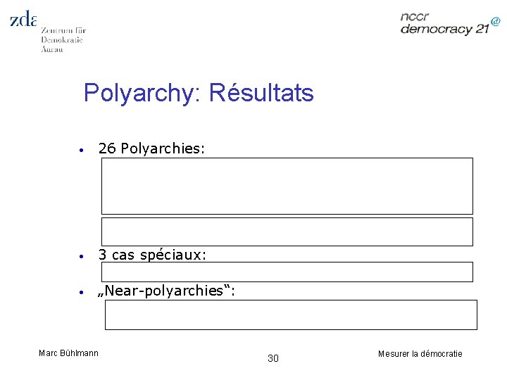 Polyarchy: Résultats • 26 Polyarchies: o o • 3 cas spéciaux: o • Australie,