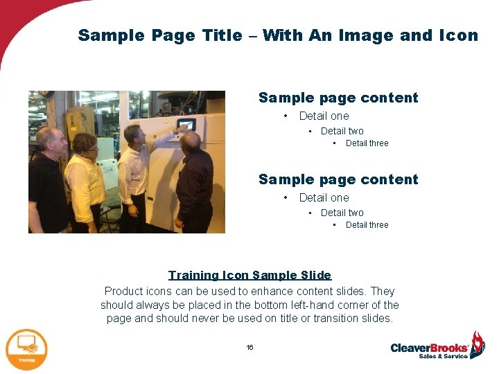 Sample Page Title – With An Image and Icon Sample page content • Detail