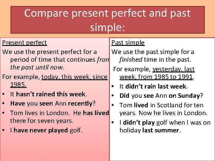 Compare present perfect and past simple: Present perfect Past simple We use the present