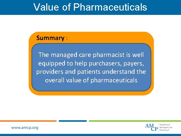 Value of Pharmaceuticals Summary : The managed care pharmacist is well equipped to help