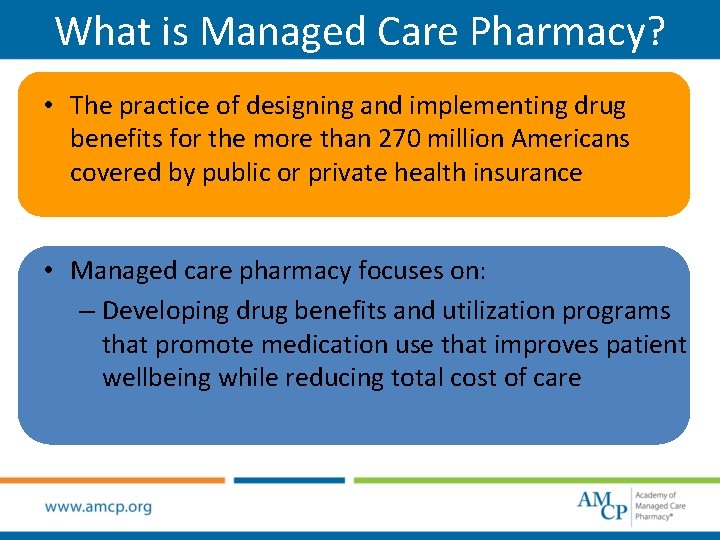 What is Managed Care Pharmacy? • The practice of designing and implementing drug benefits