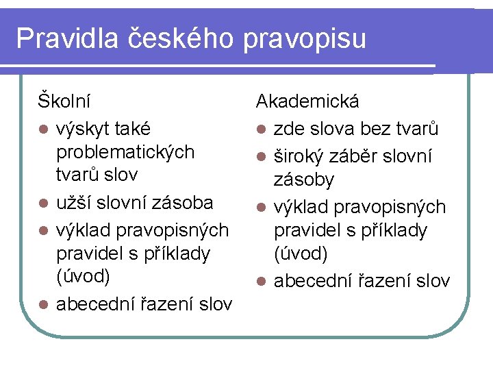 Pravidla českého pravopisu Školní l výskyt také problematických tvarů slov l užší slovní zásoba