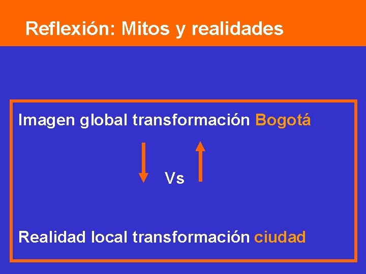 Reflexión: Mitos y realidades Imagen global transformación Bogotá Vs Realidad local transformación ciudad 