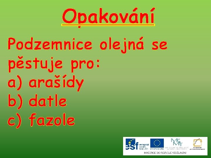 Opakování Podzemnice olejná se pěstuje pro: a) arašídy b) datle c) fazole 