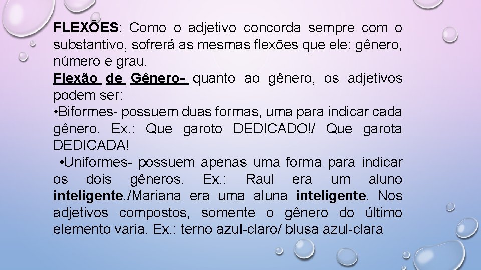 FLEXÕES: Como o adjetivo concorda sempre com o substantivo, sofrerá as mesmas flexões que