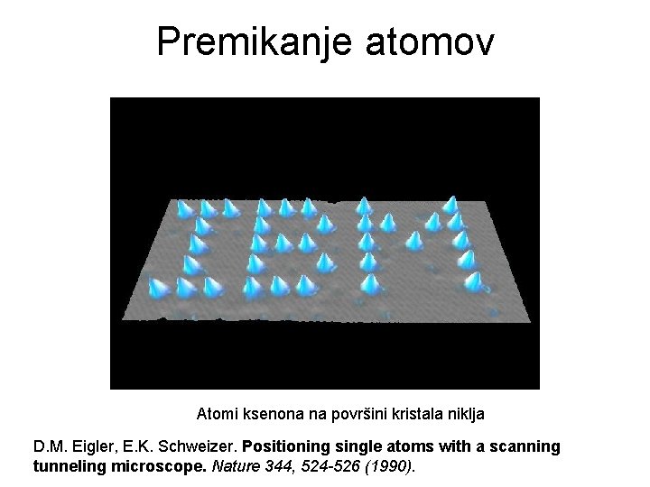 Premikanje atomov Atomi ksenona na površini kristala niklja D. M. Eigler, E. K. Schweizer.