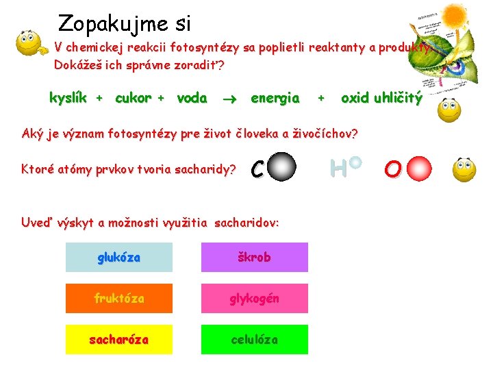 Zopakujme si V chemickej reakcii fotosyntézy sa poplietli reaktanty a produkty. Dokážeš ich správne