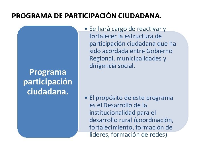 PROGRAMA DE PARTICIPACIÓN CIUDADANA. Programa participación ciudadana. • Se hará cargo de reactivar y