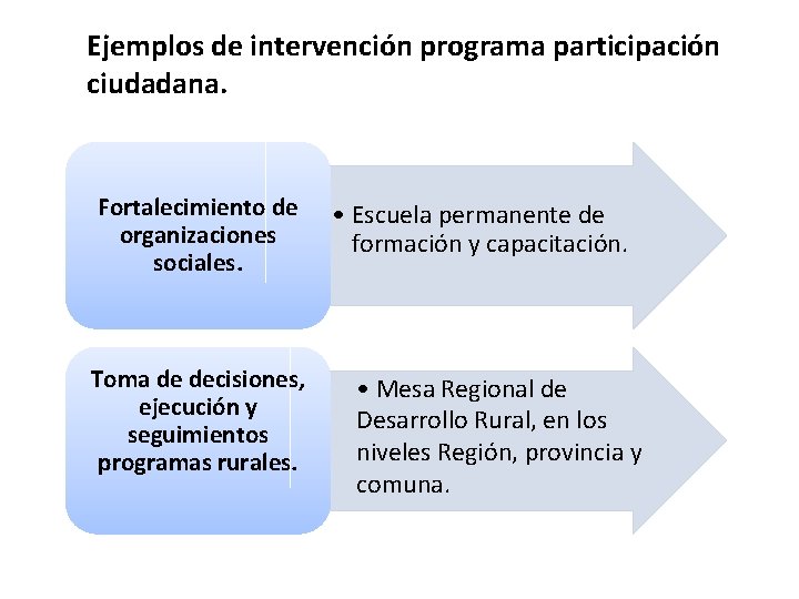 Ejemplos de intervención programa participación ciudadana. Fortalecimiento de organizaciones sociales. Toma de decisiones, ejecución