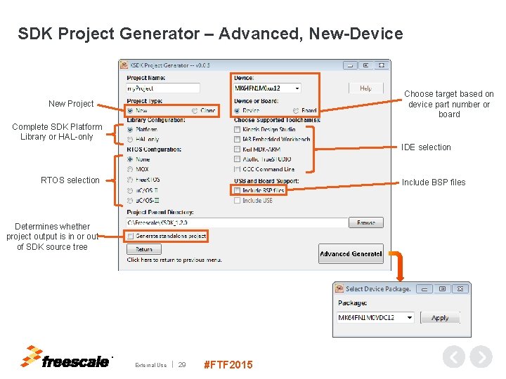 SDK Project Generator – Advanced, New-Device Choose target based on device part number or