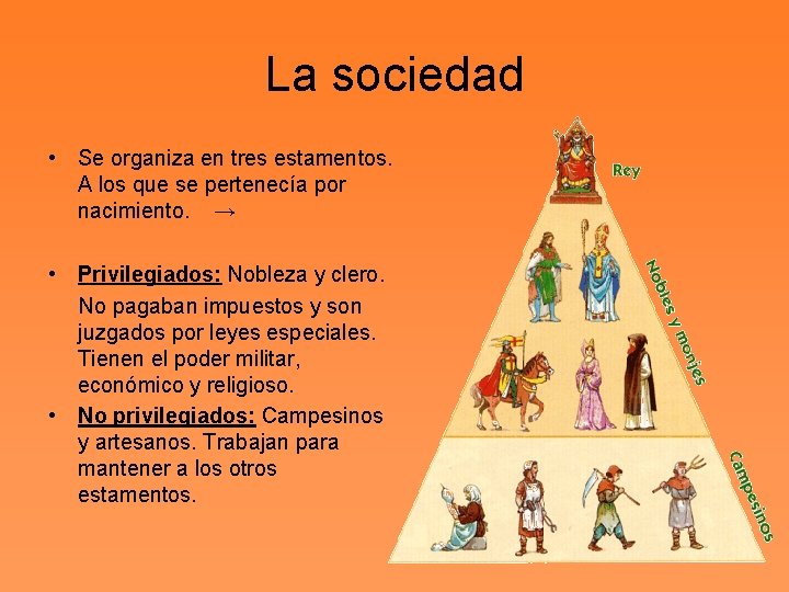 La sociedad • Se organiza en tres estamentos. A los que se pertenecía por