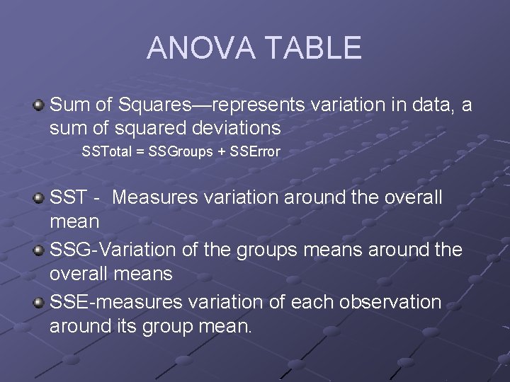 ANOVA TABLE Sum of Squares—represents variation in data, a sum of squared deviations SSTotal