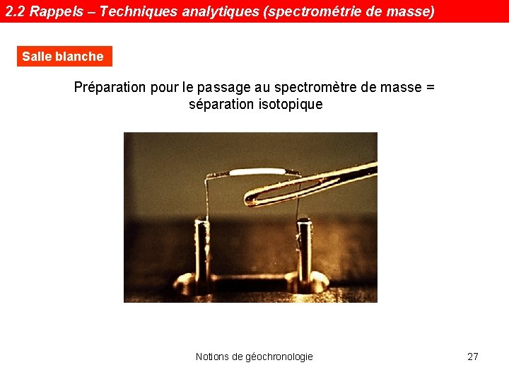 2. 2 Rappels – Techniques analytiques (spectrométrie de masse) Salle blanche Préparation pour le