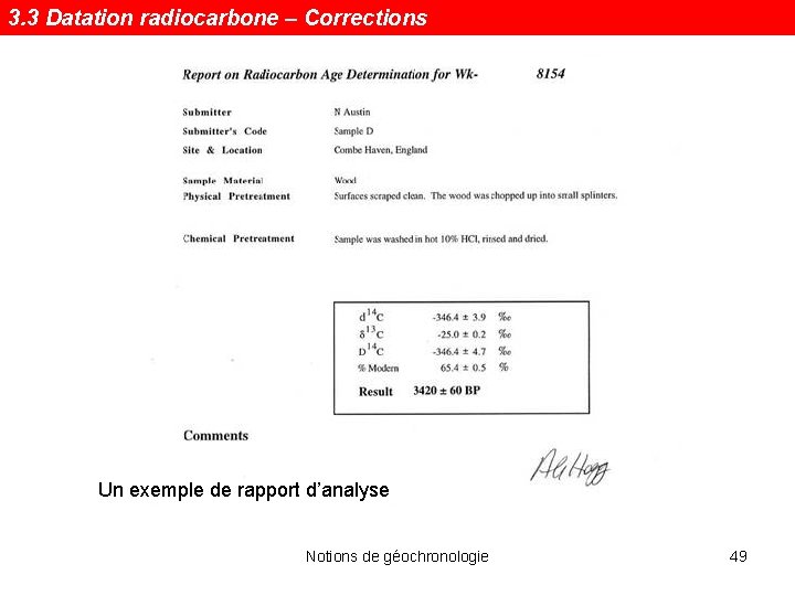 3. 3 Datation radiocarbone – Corrections Un exemple de rapport d’analyse Notions de géochronologie