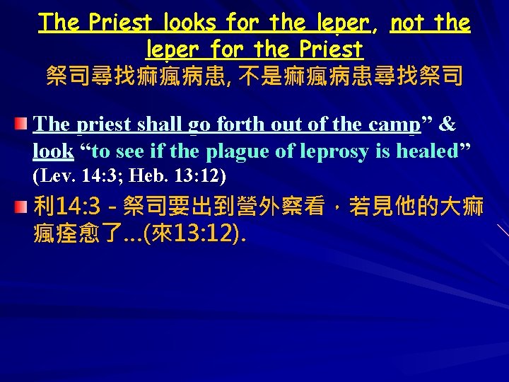 The Priest looks for the leper, not the leper for the Priest 祭司尋找痲瘋病患, 不是痲瘋病患尋找祭司