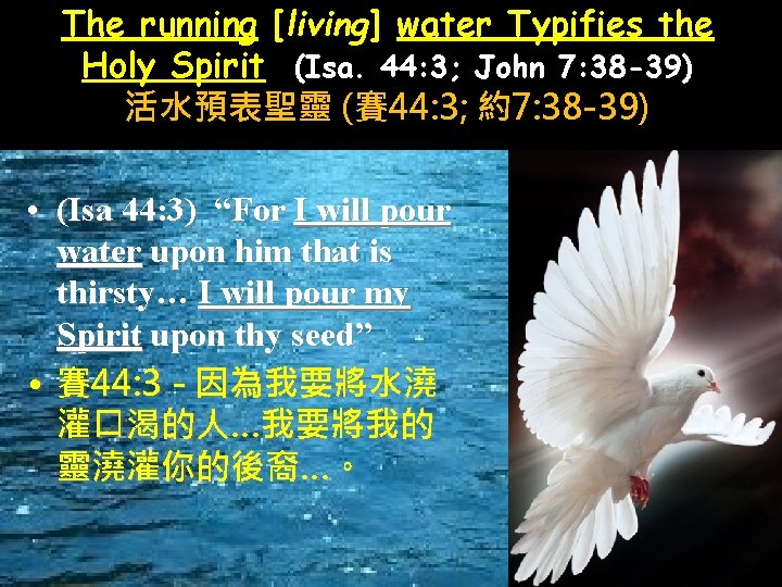 The running [living] water Typifies the Holy Spirit (Isa. 44: 3; John 7: 38