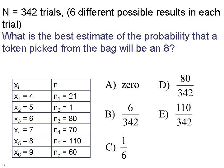 N = 342 trials, (6 different possible results in each trial) What is the