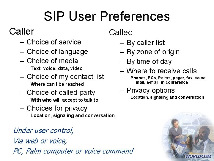 SIP User Preferences Caller Called – Choice of service – Choice of language –