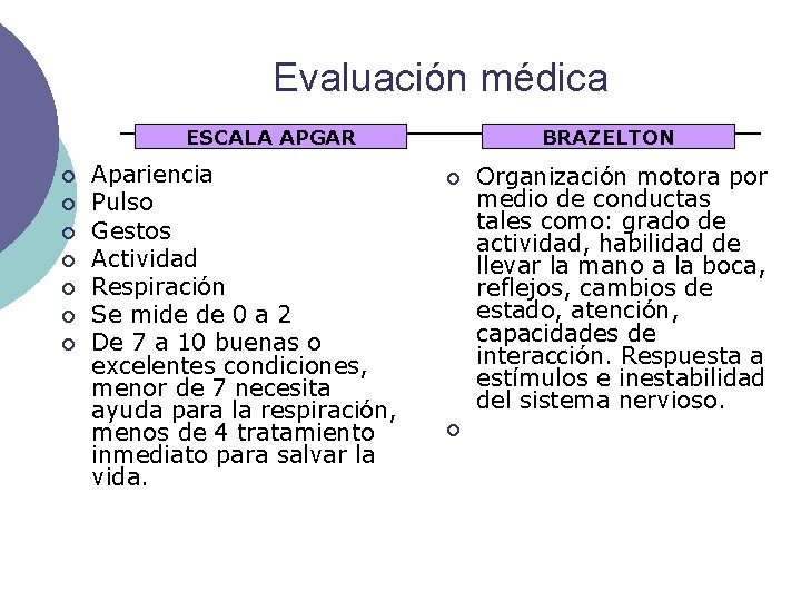 Evaluación médica ESCALA APGAR ¡ ¡ ¡ ¡ Apariencia Pulso Gestos Actividad Respiración Se