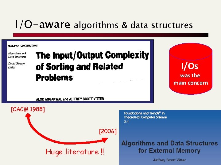 I/O-aware algorithms & data structures I/Os was the main concern [CACM 1988] [2006] Huge