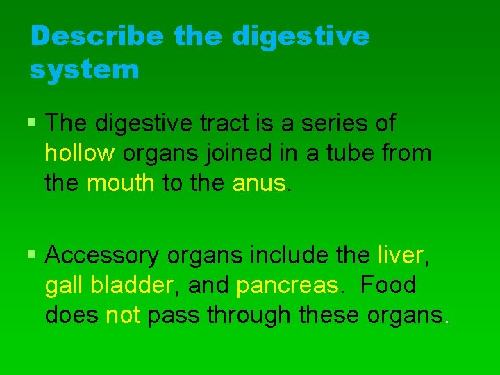 Describe the digestive system § The digestive tract is a series of hollow organs