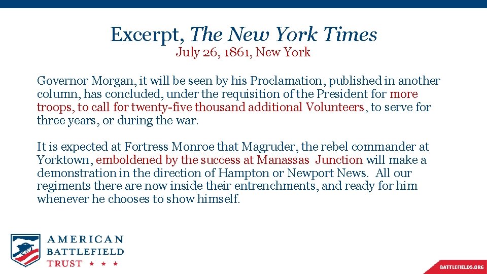 Excerpt, The New York Times July 26, 1861, New York Governor Morgan, it will