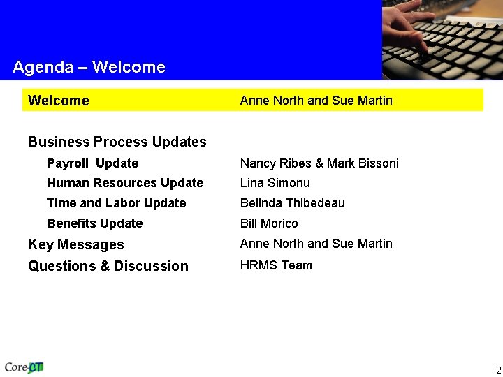 Agenda – Welcome Anne North and Sue Martin Business Process Updates Payroll Update Nancy