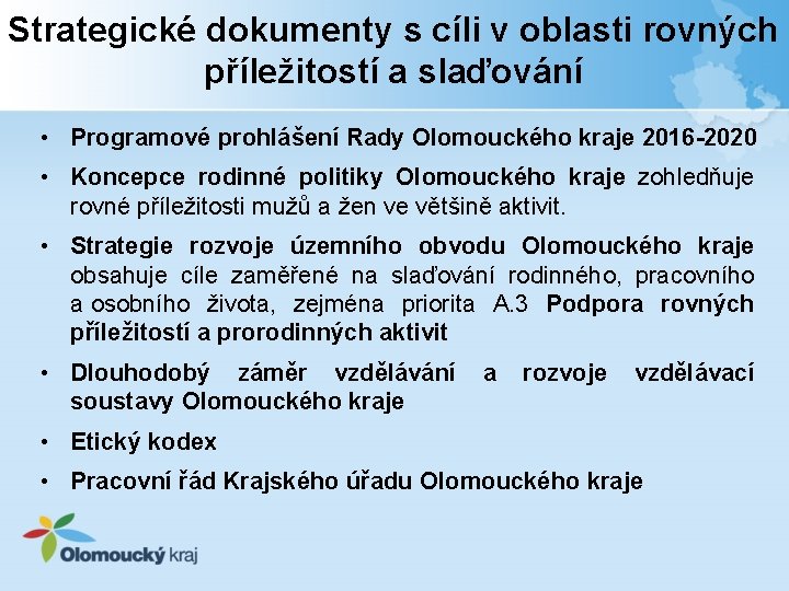 Strategické dokumenty s cíli v oblasti rovných příležitostí a slaďování • Programové prohlášení Rady