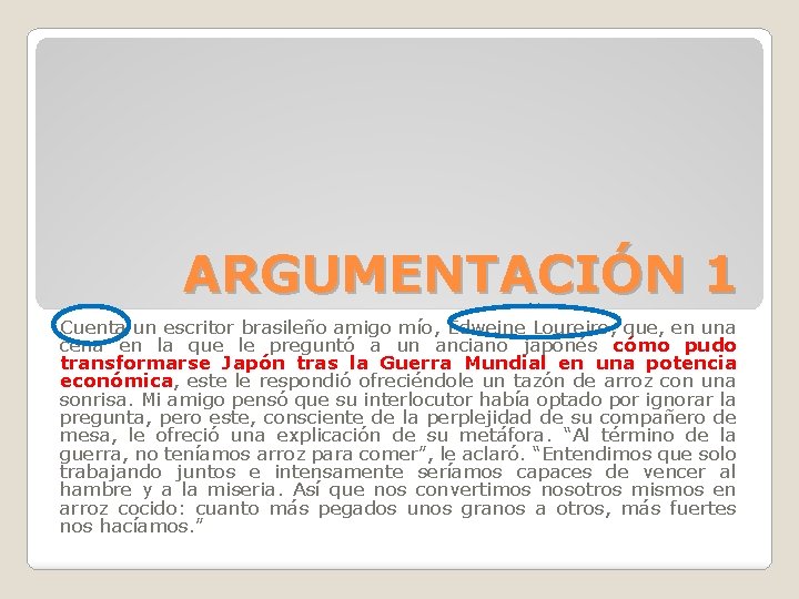 ARGUMENTACIÓN 1 Cuenta un escritor brasileño amigo mío, Edweine Loureiro, que, en una cena