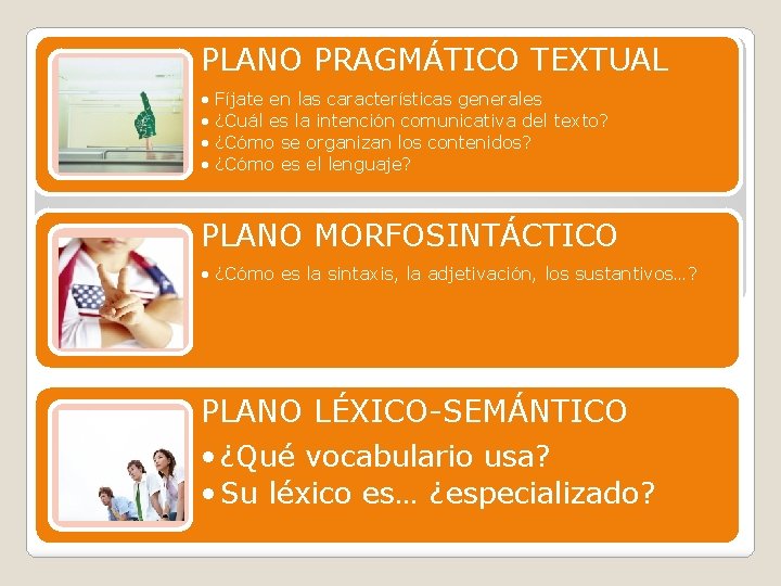 PLANO PRAGMÁTICO TEXTUAL • Fíjate en las características generales • ¿Cuál es la intención