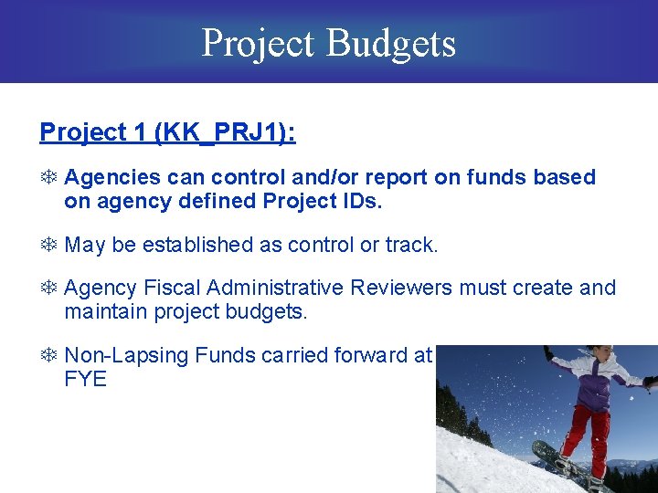 Project Budgets Project 1 (KK_PRJ 1): T Agencies can control and/or report on funds