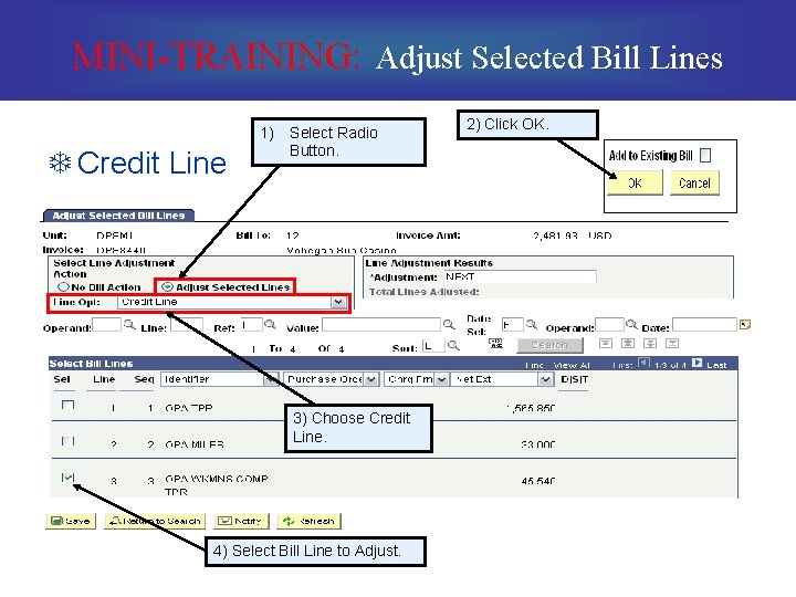 MINI-TRAINING: Adjust Selected Bill Lines T Credit Line 1) Select Radio Button. 3) Choose