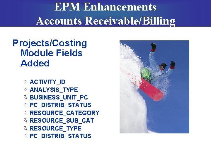 EPM Enhancements Accounts Receivable/Billing Projects/Costing Module Fields Added õ õ õ õ ACTIVITY_ID ANALYSIS_TYPE