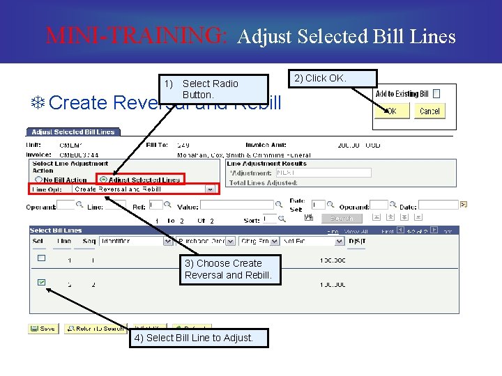 MINI-TRAINING: Adjust Selected Bill Lines 1) Select Radio Button. T Create Reversal and Rebill