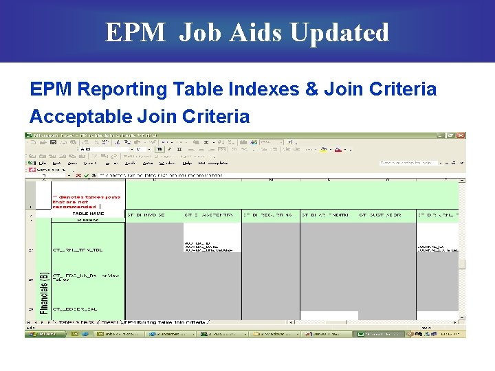 EPM Job Aids Updated EPM Reporting Table Indexes & Join Criteria Acceptable Join Criteria