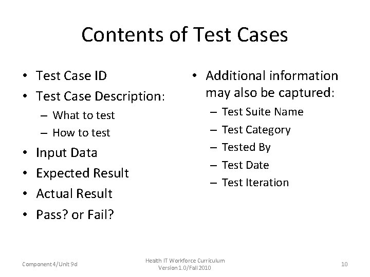 Contents of Test Cases • Test Case ID • Test Case Description: – What